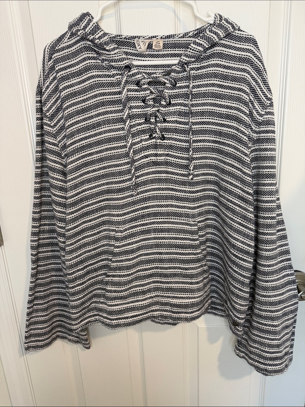 Roxy dark blue and white  Striped Lace-Up Pullover Hoodie 100%cotton boho Large